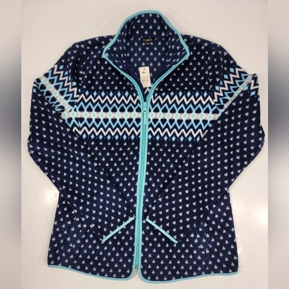 NEW Talbots Fleece Jacket Womens XS Blue Nordic Fair Isle Full Zip Pockets NWT
